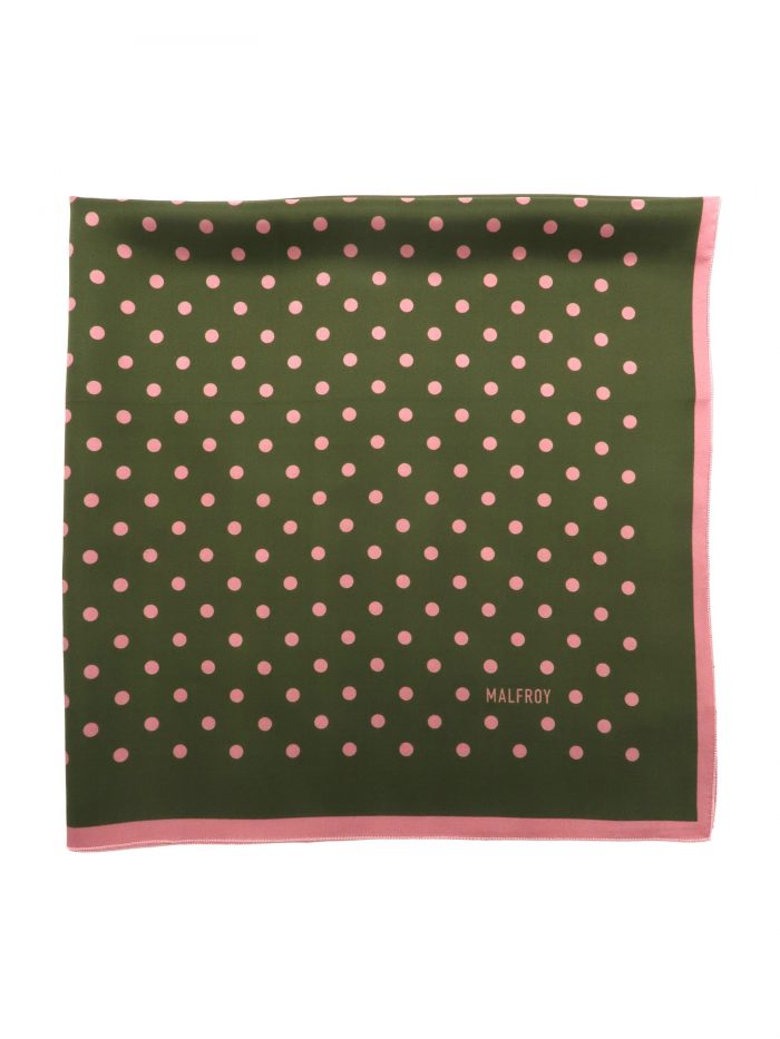 Grünes Seidentuch in 100% Seide mit rosa Polkadots