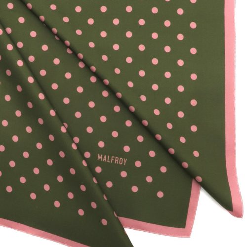 Elegantes dunkelgrünes Seidentuch mit rosa Punkten und rosa Umrandung