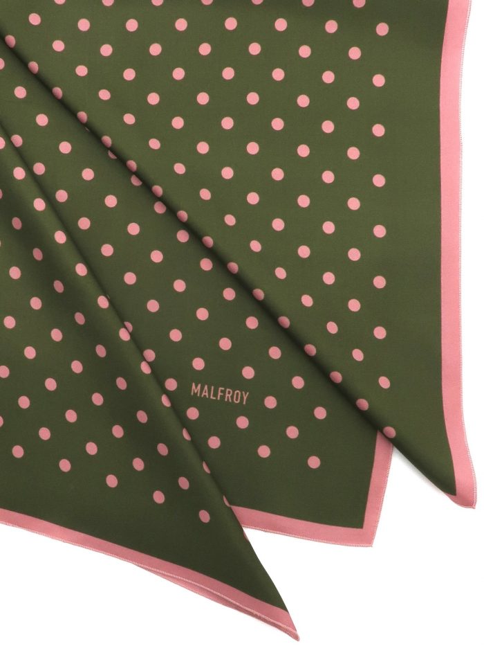 Elegantes dunkelgrünes Seidentuch mit rosa Punkten und rosa Umrandung